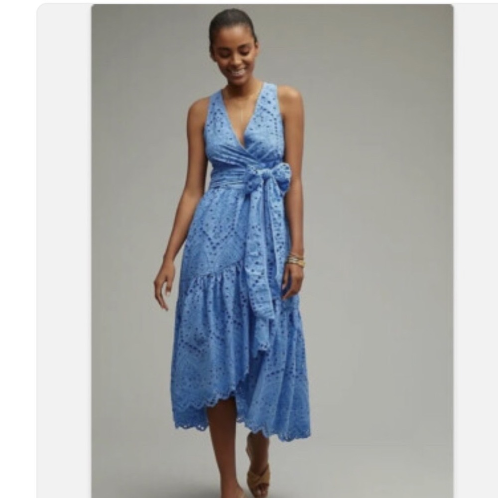 Maeve Anthropologie Blue Eyelet Midi Dress Size 12 Tie Waist Boho - Picture 2 of 15